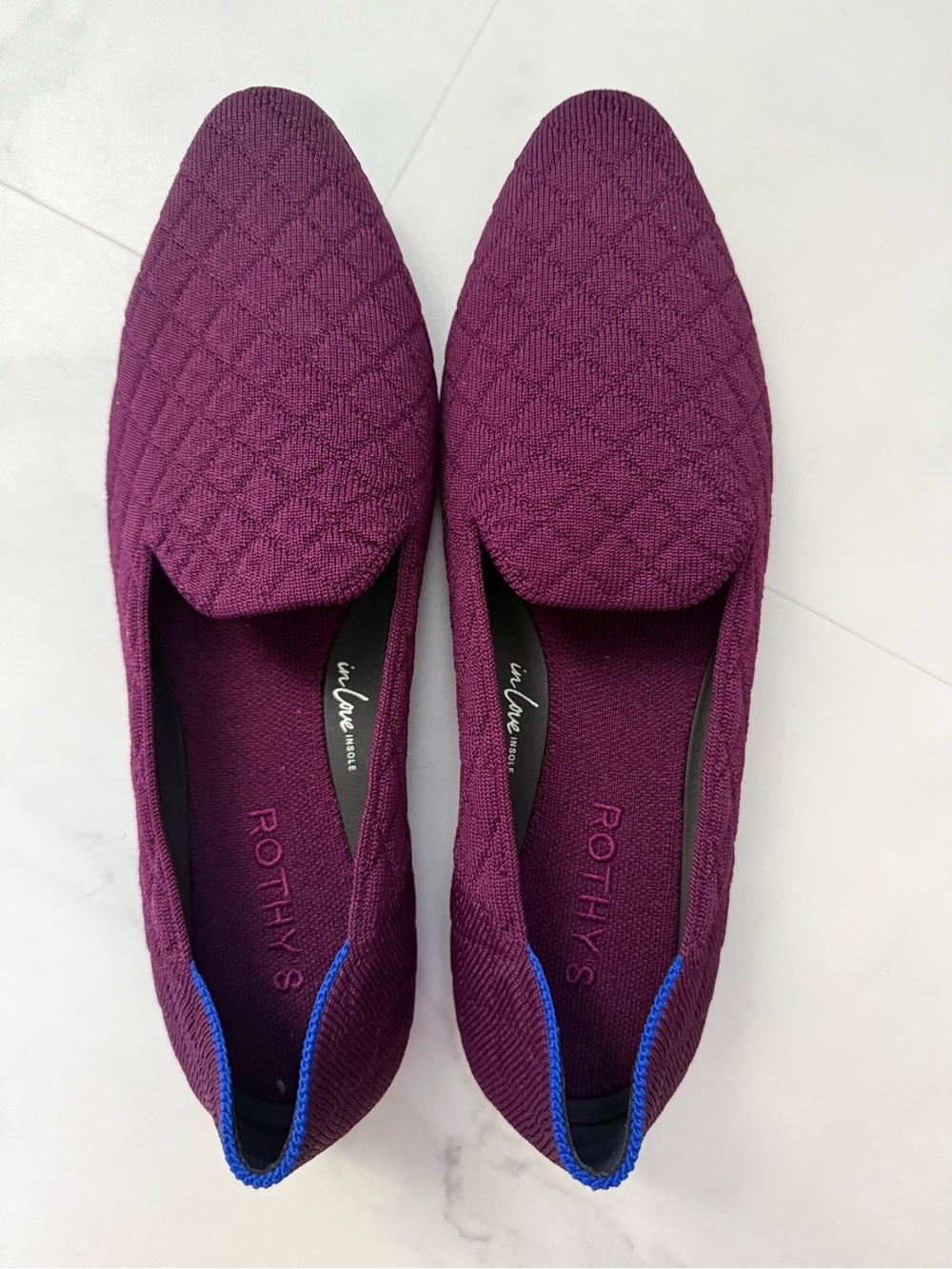 Rothy's Quilted Pointed Comfort Flats in Plum with Blue Trim